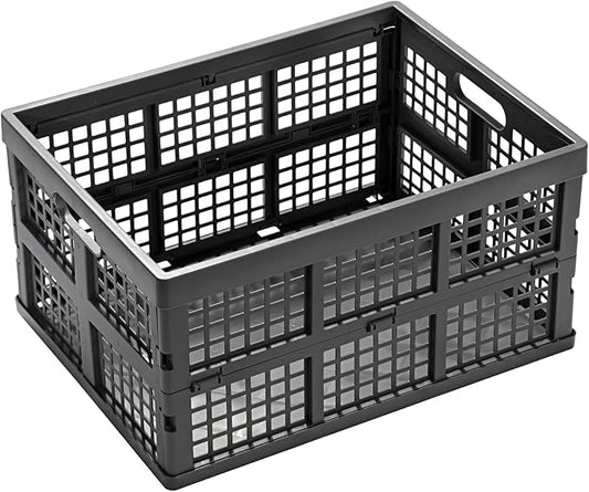 34L Large Plastic Folding Storage Crates,Collapsible Crates for Storage,Pack of 3 (Grey)