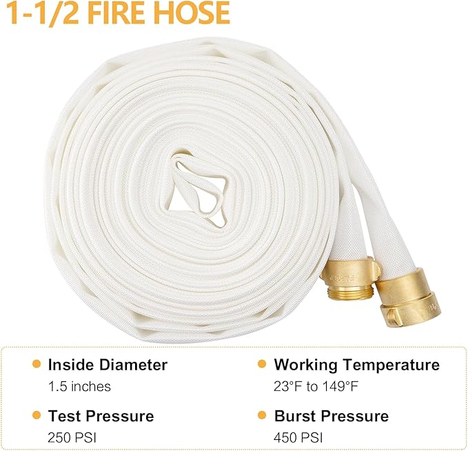 Fire Hose,1-1/2" ID X 75 FT, Single Jacket TPU, 450 PSI Burst Pressure, Industrial Fire Hose with NST/NH Brass Couplings for Indoor Use