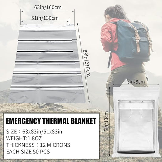 Macarrie 100 Pack 2 Size Emergency Thermal Blanket Survival - Emergency Blankets Silver Foil for Outdoors Camping Hiking First Aid Adult, 82 x 63, 82 x 51 (100 Pieces)