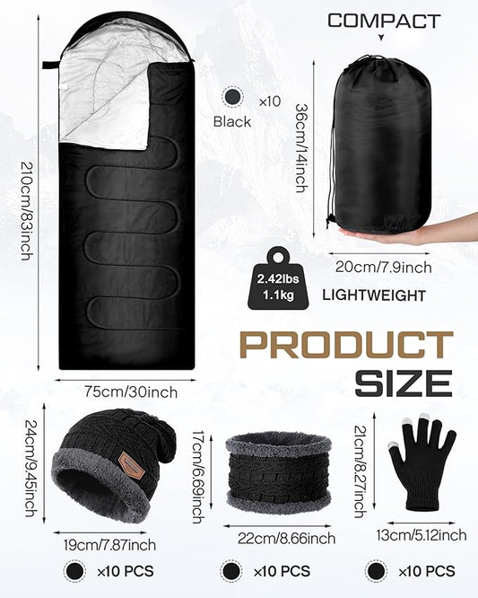 40 Pcs Bulk Sleeping Bags Adult for Homeless, Sleeping Bags Cold Weather Waterproof with Winter Hats Gloves Scarves and Mittens for Camping Emergency Use