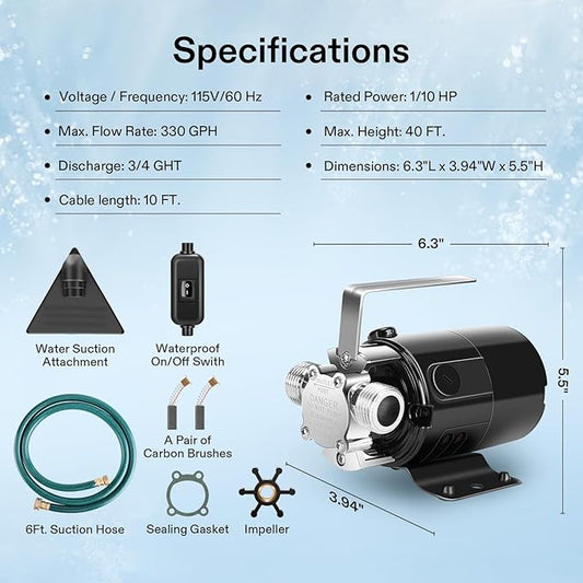 VIVOSUN 115V Water Transfer Pump, 1/10HP 330 GPH Portable Electric Utility Pump with ON/OFF Switch and Water Hose Kit, Ideal for Removing Water from Gardens, Hot Tubs, Pools, Ponds, and More