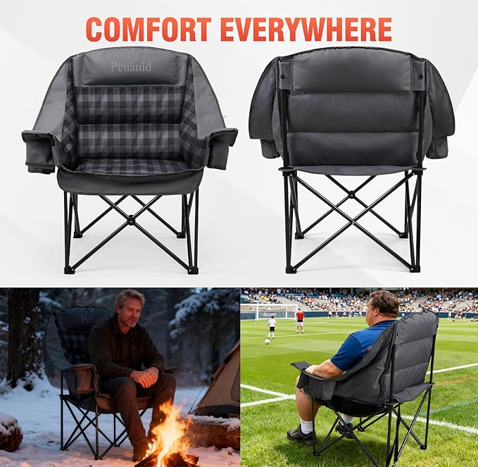 Oversized XL Camping Chair for Adults, Heavy Duty Padded Folding Camp Chairs with Cup Holder, Supports 500lbs, Large Outdoor Widen Comfy Lawn Chairs for Tailgating Sports Beach Yard