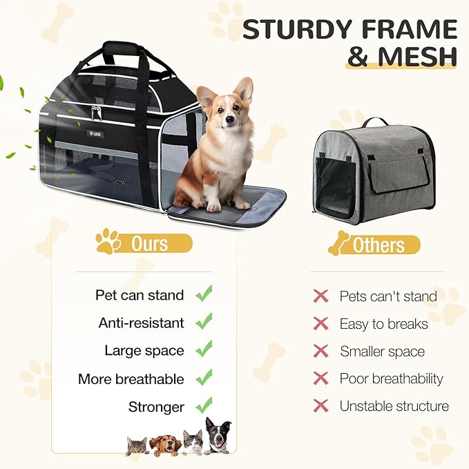 Lekereise Top-Expandable Pet Carrier 18x13x9.5 Inch Southwest Frontier Airline Approved Soft Sided Underseat to 15lbs Travel Carriers for Small Cats Dogs with Locking Safety Zippers Anti-Scratch Mesh