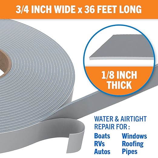 Butyl Tape, RV and Marine Window Seal Kit, Gray Double-Sided Putty Tape, 1/8" x 3/4" x 36 Ft, Waterproof Rubber Caulking for Boat, RV Windows, and Outdoor Sealing