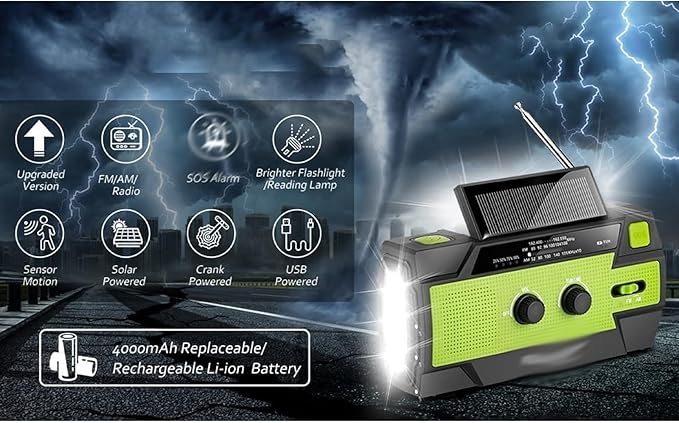 Solar-Powered Emergency Survival Radio, Hand Crank Radio, Emergency Weather Radio Hand Crank Solar Charge Am/Fm/NOAA, for Indoor, Outdoor & Emergency (Blue)