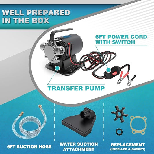 Acquaer Water Transfer Pump DC 12V 1/10HP Portable Electric Water Removal Utility Pump with Switch and Suction Hose Kit, Low Suction Water Removal for RV, Water Beds, Pools, Rain Barrel, Aquariums