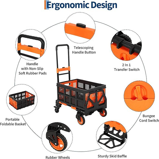 Folding Hand Truck, 330 LB Heavy Duty Dolly Cart with Foldable Basket, Foldable Hand Truck with Bungee Rope, Rubber Wheels and Retractable Handle for Luggage, Travel, Moving, Office