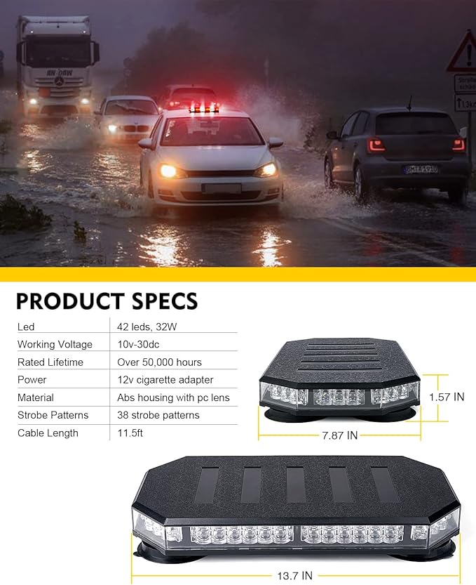 LUMENIX 42 LED Roof Top Strobe Beacon Light Bar Hazard Warning Emergency Flashing Firefighter Lights with Controller for First Responder Vehicles Fire Trucks Snowplow White Red (Patent Design)