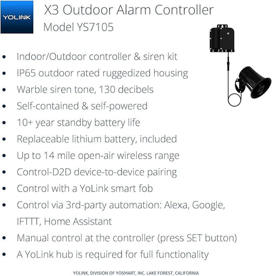 YoLink X3 Version Outdoor Alarm Controller, Ruggedized Battery-Powered Siren/Alarm/Relay Controller, Up to 1/4 Mile Range, 130dB Siren, Alexa, Google, IFTTT, Hub Required for Full-Functionality!