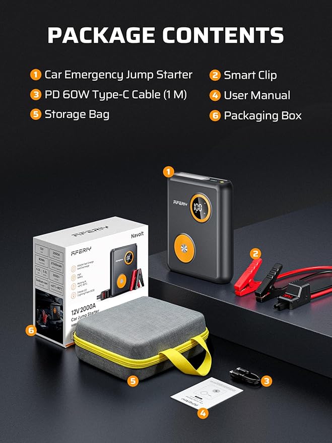 AFERIY 88Wh UltraSafe Sodium Ions Jump Starter,2000 A Car Battery Jump Starter with PD 60W Fast Charge,12V Jump Box with USB Ports, LCD Display and 3 Modes Flashlight