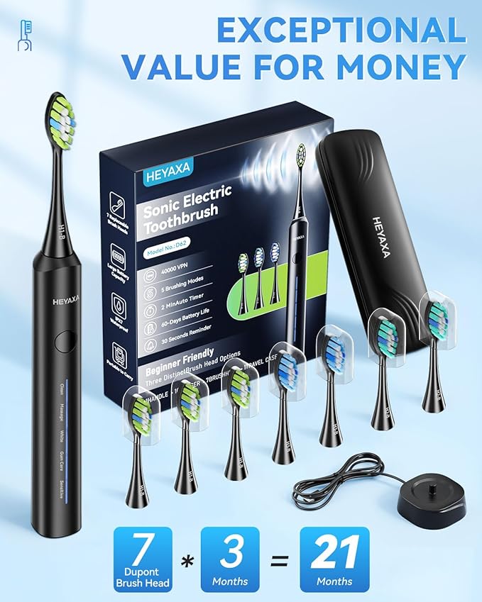Sonic Electric Toothbrush with 40000VPM Cleaning Power for Adults&Kids, 60-Day Battery Life Rechargeable Power Toothbrush with 5 Modes, 2-Min Smart Timer, 7 Brush Heads & Travel Case (Black, 1 Count)