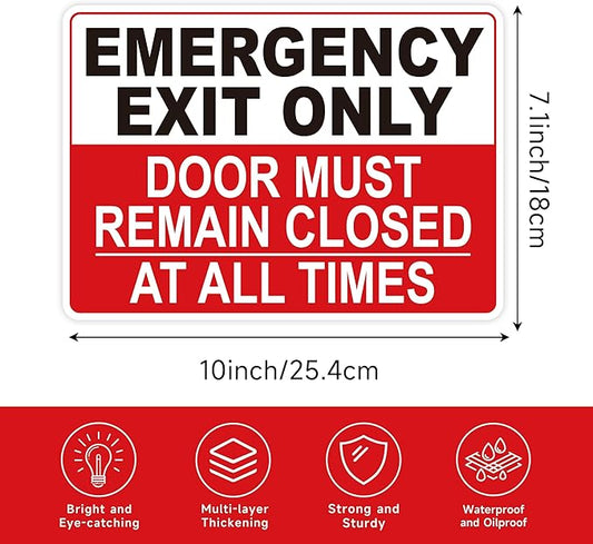Emergency Exit Only Signs Sticker,Self Adhesive UV, Weather, Scratch, Water & Fade Resistant Door Must Remain Closed At All Times sign for Business, Schools, Offices, Storage Rooms, Hospitals