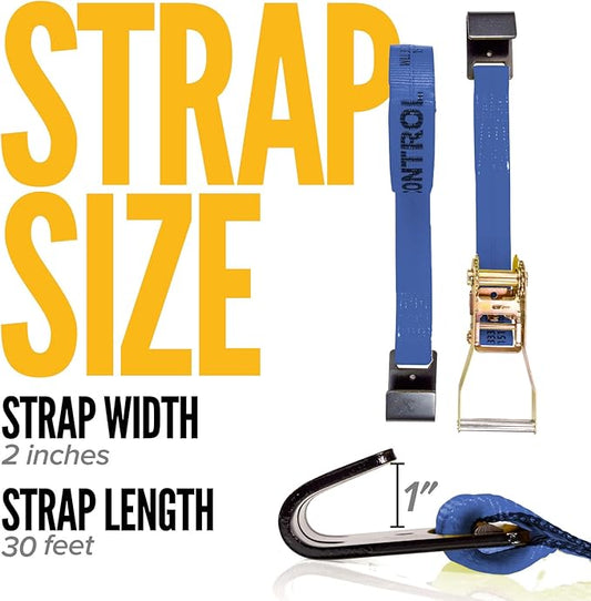 US Cargo Control, Flat Hook Ratchet Strap, Ratchet Tie Down, 2 Inch Width X 30 Foot Length, Blue Ratchet Strap with Black Flat Hook, Weather Resistant Strap, 3,333 Pound Working Load Limit, Pack of 4