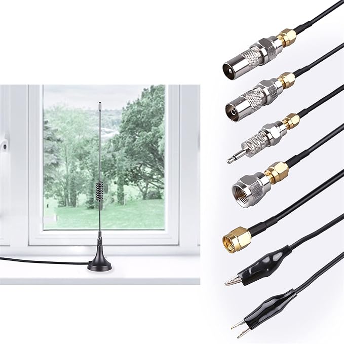 Portable Radio Signal Antenna SMA-Male, Outdoor TV FM Stereo Antenna,33Ft Ultra-Low Loss Coax Signal Extension Cable with 6pcs Universal Antenna Adapter for FM Radio Portable TV