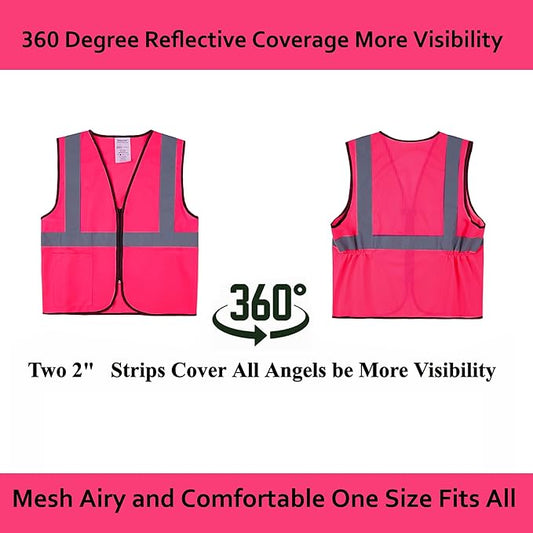 Pink Safety Vests 20 Pack - Reflective High Visibility Construction ANSI Class 2 Work Vests for Men,Woman with Zipper,Hi Vis Mesh and Neon Silver