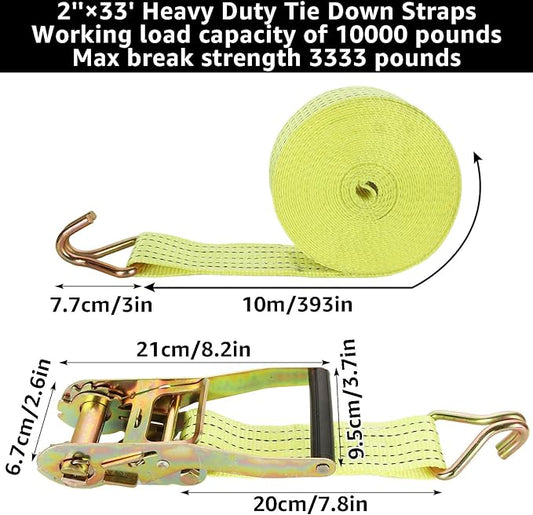 HNBun 2 Pack Ratchet Tie Down Straps, 2" x 33ft, 10,000 lbs Break Strength, Heavy Duty Cargo Lashing Straps with Double J Hooks for Trailer, Truck, and Equipment Hauling, Yellow