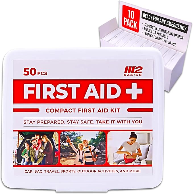 M2 BASICS Bulk 10-Pack Mini Emergency First Aid Kit Bundle (500 Total Pieces, 50 per Kit) for Car, Travel, Home & Donations – Compact Medical Supplies