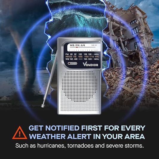 NOAA Weather Radio - Emergency NOAA/AM/FM Battery Operated Portable Radio with Best Reception and Longest Lasting Transistor. Powered by 2 AA Battery with Mono Headphone Socket, by Vondior (Silver)