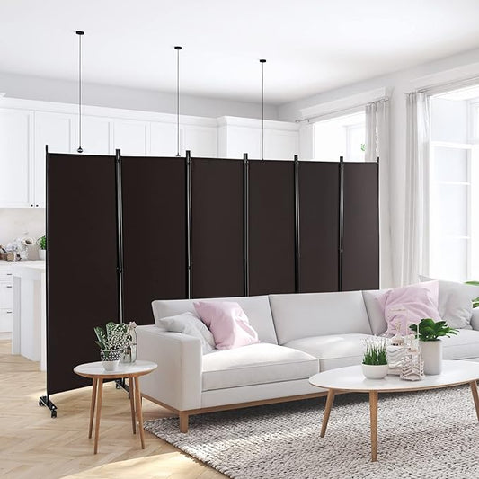 Giantex 6 Panel Room Divider, 132''W x 68''H Large Folding Privacy Screen, Rolling Partition Room Dividers for Home Office Studio Separation, Freestanding Fabric Wall Divider Screen on Wheels, Brown