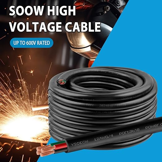 100ft 12/4 12 AWG Portable Power Cable (4 Conductor) - SOOW 600V 12 Gauge Electric Wire for Motor Leads, Portable Lights, Battery Chargers and Machinery - 4 Conductor - 100 Feet Electrical Cord