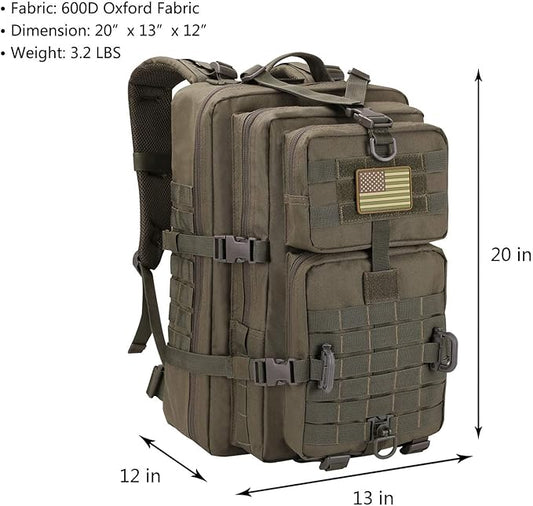 MOLLE Assault Backpack, Tactical Backpack Military Army Camping Rucksack, 3-Day Pack Trip w/USA Flag Patch, D-Rings, Olive