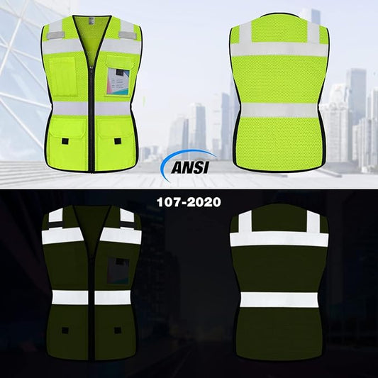TCCFCCT Women Reflective Vest 11 Pockets High Visibility Mesh Safety Vest for Lady, Neon Construction Work Vest with Zipper, Snug-Fit, Durable with Reinforced Sewing, ANSI Compliant, Yellow S