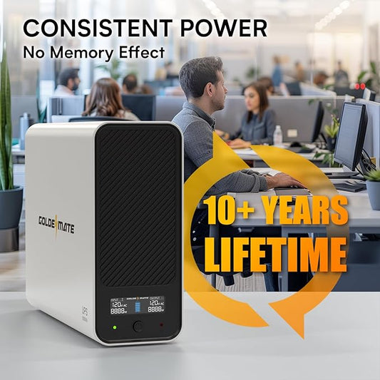 GOLDENMATE 1000VA/600W Lithium UPS Battery Backup and Surge Protector, Backup Battery Power Supply with LiFePO4 Batteries(153.6 Wh), Sinewave UPS System, 10 Years Lifespan, 8-Outlets, LCD Display