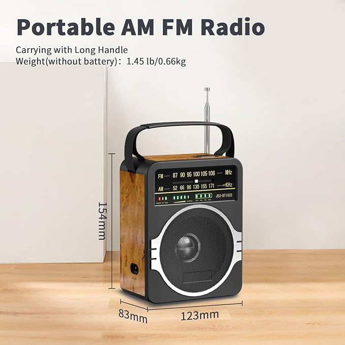 Portable AM FM Radio, Bluetooth 5.0 Radios 5 Watts Loud Speaker,FM Radio Built-in Rechargeable Battery/DC D*4 Cell Battery Operated & AC Power Plug in Wall Retro