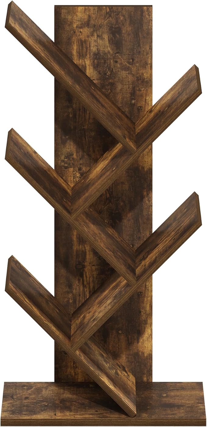 Furinno Tree Book Shelf, 5-Tier Bookshelf, Tree Bookcase for Room Decor, 8.4 x 15.7 x 30.3, for Living Room, Bedroom, Home Office, Amber Pine