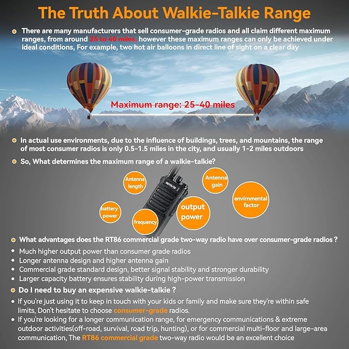 Retevis RT86 Long Range Walkie Talkies for Adults, High Power Professional 2 Way Radios, Heavy Duty Two Way Radios, Shatterproof Display, 2600mAh, for Commercial Construction Warehouse(6 Pack)