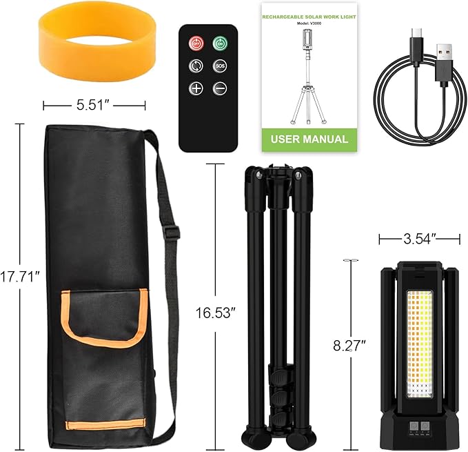 13200mAh Rechargeable Solar Work Light with Folding Stand and Carrying Bag, AODOO 8000 Lumen Stepless Dimmable , White/Warm/Nature White/RED(SOS) with Detachable Tripod (Black(Remote))