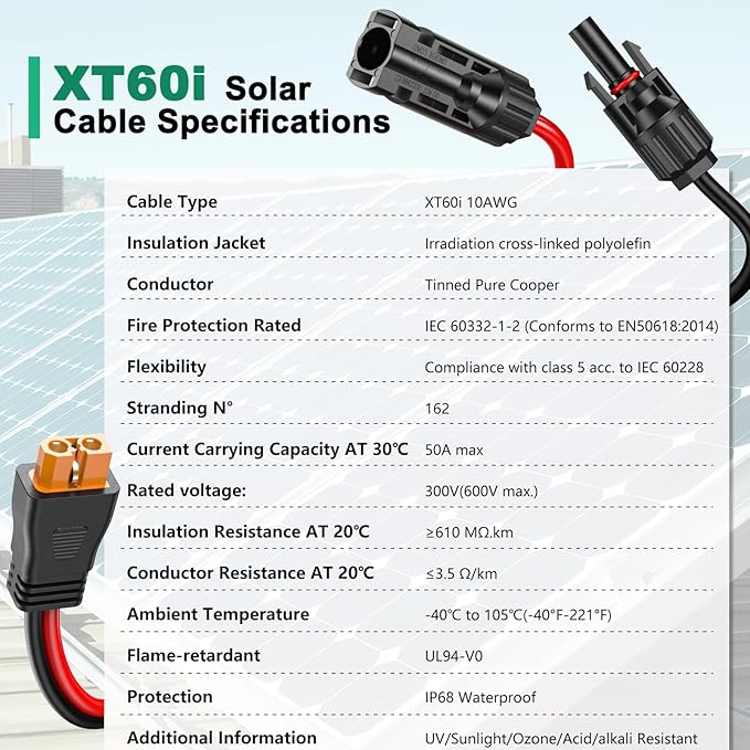 10AWG XT60i Solar Cable 15FT, Solar to XT60i Charging Cable 3 10 20 25 30 40 50FT, Solar Connector to XT60i Connector Solar Cable, XT60i Extension Cable for Portable Power Station - 15Ft