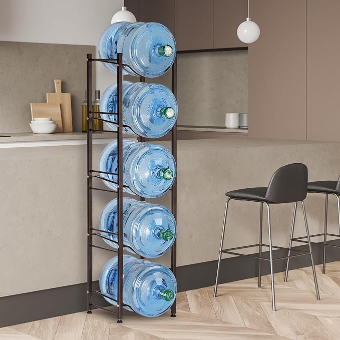 LIANTRAL 5 Gallon Water Jug Holder, 5-Tier Brown Heavy Duty Rack, Freestanding Bottle Organizer for Home Office