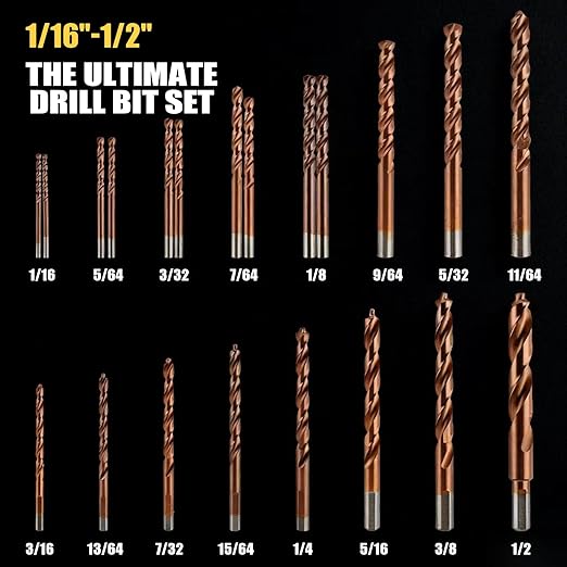 21-Piece M35 Cobalt Drill Bits for Hardened Metal, 3-Flute Shank Design Reduces Breakage, 135° Point for Fast Starts in Stainless Steel, Cast Iron, Wood & Plastic (1/16 to 1/2 inch)
