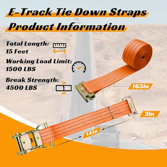 8 Pack 2" x 15' Heavy Duty E-Track Ratchet Straps - 4500LBS Break Strength - Tie Down Straps for Trucks, Trailers, Motorcycles, and Cargo(Orange)