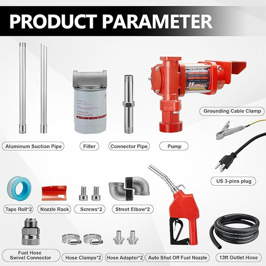 110V AC 15 GPM Fuel Transfer Pump with Discharge Hose, Automatic Nozzle, Premium Filter Package, Suitable for Gasoline, Diesel, Kerosene, Ethanol & Methanol Blends