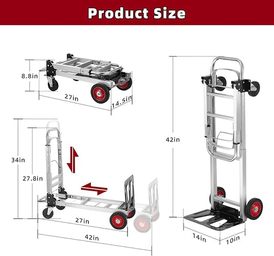 Aluminum 3 in 1 Folding Hand Truck, 400Lbs Capacity, Heavy Duty Collapsible Cart with Retractable Handle and 4 Rubber Wheels, 2 Safety Straps, Moving Dolly for Moving Home, Office, Shopping, Warehouse