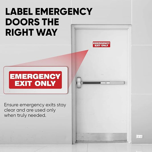 | Emergency Exit Only Sign Stickers (2 Pack), 8.75x3 – Strong Adhesive, Durable, Waterproof Exit Sign Stickers for Doors and Walls – Perfect for Emergency Exit Only Signage.