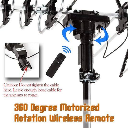 Five Star Outdoor HD TV Antenna Strongest Up to 200 Miles Long Range with Motorized 360 Degree Rotation, UHF/VHF/FM Radio Infrared Remote Control with Installation Kit and Jpole