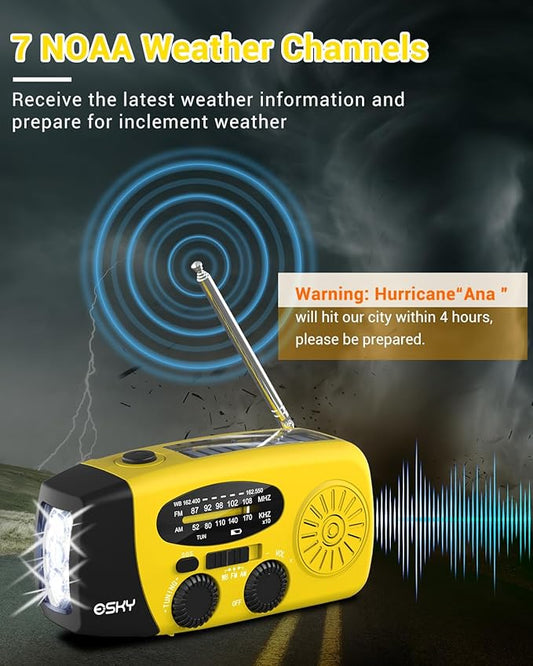 Esky Emergency Hand Crank Radio with 3 LED Flashlight, AM/FM/NOAA Portable Weather Radio with 2000mAh Power Bank Phone Charger, Solar Powered USB Charged Radio for Indoor Outdoor Camping, SOS Alarm