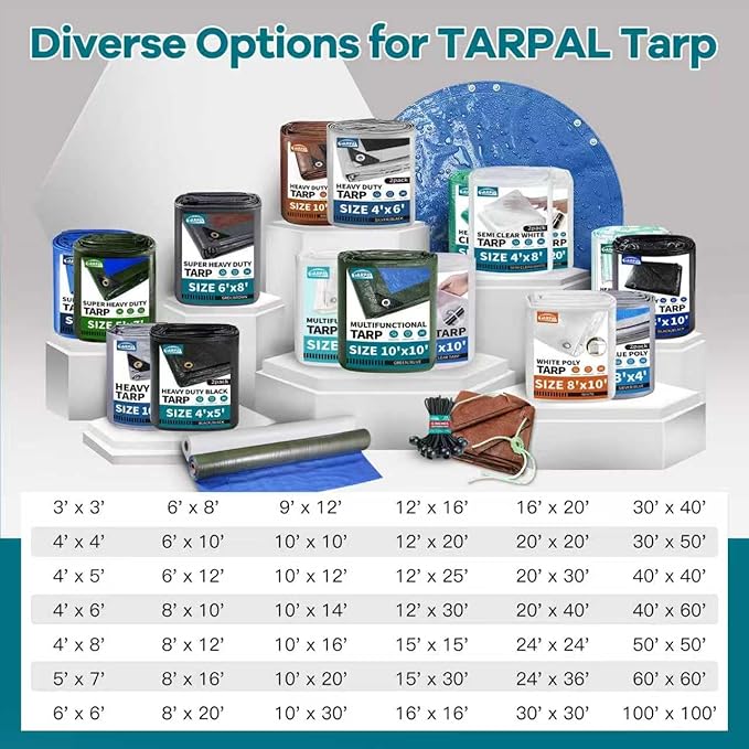 TARPAL 16x16ft Waterproof Heavy Duty Tarp 16Mil Thick with Metal Grommets Every 17.7" Large Multipurpose Tarp Tear-Resistant UV Protection Covers Roof, Pool,Car,Firewood&Outdoor Furniture(Blue/Brown)