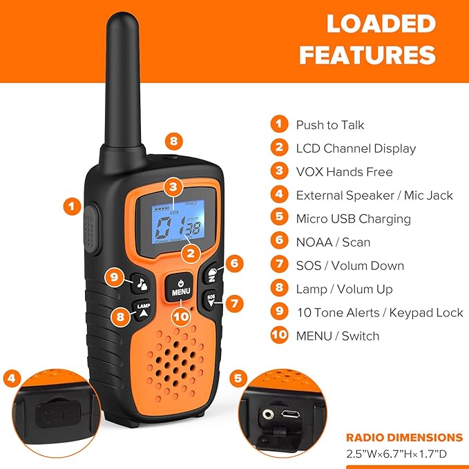 Wishouse Walkie Talkies for Adults Long Range-Rechargeable 4 Pack 2 Way Radios, Hiking Accessories Camping Gear Xmas Birthday Gift for Kids Family with Lamp,SOS Siren,NOAA Weather Alert,Easy to Use