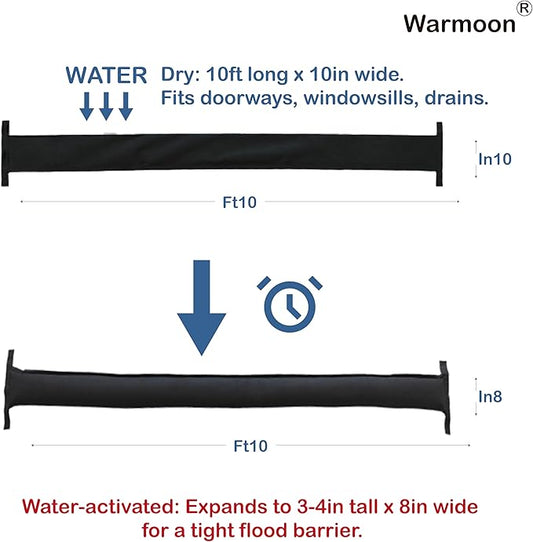 Warmoon 10ft Self-Absorbing Flood Barriers - Ideal for Home Doorways, Garage Floors & Commercial Entrances, Quick Water Activation (10ft (Pack of 5))