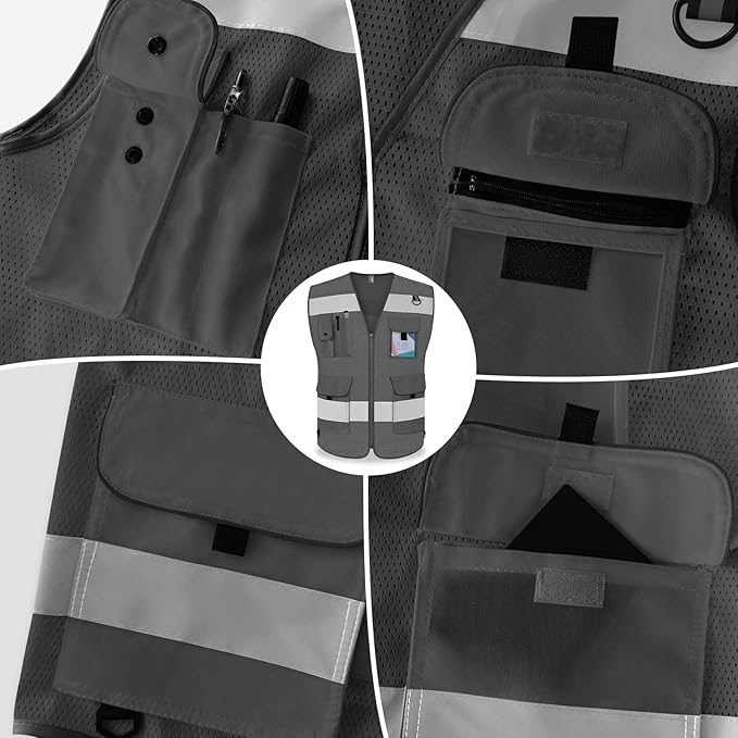 TCCFCCT Mesh Work Vest for Men Women 9 Pockets High Visibility Safety Vest with Reinforced Sewing, Hi Vis Reflective Vest for Workers, Surveyors, Meets ANSI/ISEA, (Grey, 4X-Large)