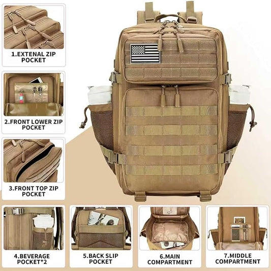 45L Tactical Assault Backpack 3 day assault pack with Molle Waterproof backpack Rucksack for Tactical Backpacks (khaki)