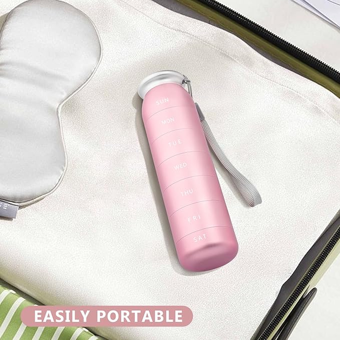 Weekly Pill Organizer, Portable Travel 7 Day, Waterproof Container, Large, Aluminum, Metal, Hold Vitamins, Cod Liver Oil, Supplements and Medications (Pink)