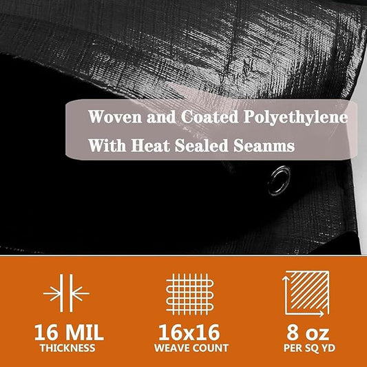 Tarps Heavy Duty Waterproof 5x8ft,TEZONG Black Plastic Tarp 16Mil Outdoor Tarpaulin Cover for Emergency Rain,Patio Furniture,Wood,Roof,Camping,Car,Pool