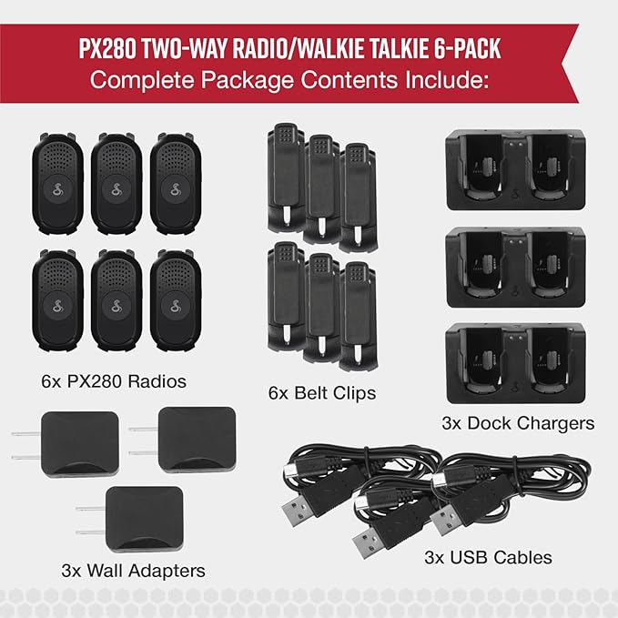 Cobra PX280 Compact Portable FRS Two-Way Radios - IP54 Certified Durability, Dock Charging, 12-Hour Battery Life, Compact Wearable Form Factor Professional Walkie Talkies for Business (6-Pack)