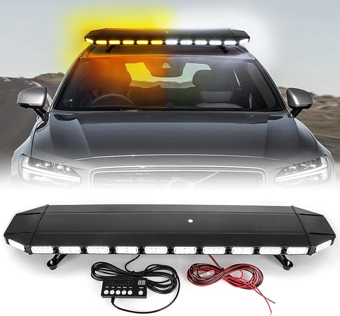 Upgraded 48" 104LED Extreme High Intensity Construction Emergency Warning Strobe Light Bar Rooftop Low Profile Law Enforcement Hazard Flashing For Tow Truck Vehicle (Amber/White)