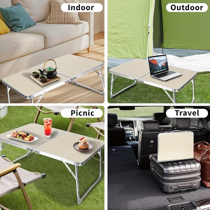 KISKIS 2 Fold Ultra Lightweight Folding Camping Tables 2Ft Portable Small Aluminum Outdoor Desk with Carry Handle, 62X42cm(24X17inch) for Picnic Travel,White